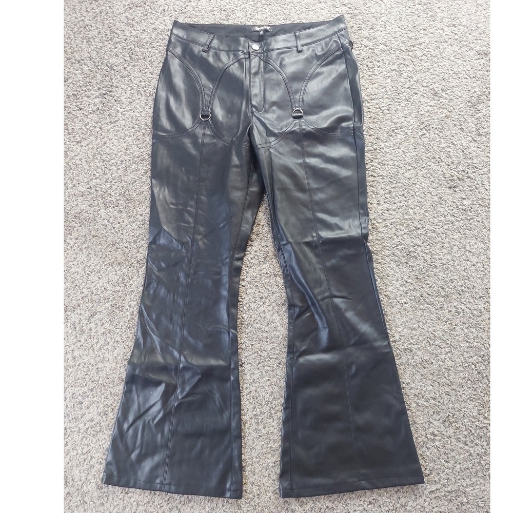 Horoscopez Pants Women L Black Faux Leather Flare Lace Up Back D-Ring Festival